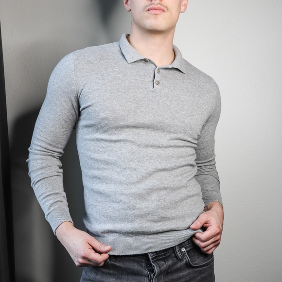 Topman Muscle Fit Sweater Polo | grey knit long sleeve - Picture 1 of 8
